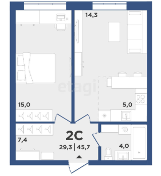 Продаётся 2-комнатная квартира, 45.7 м²