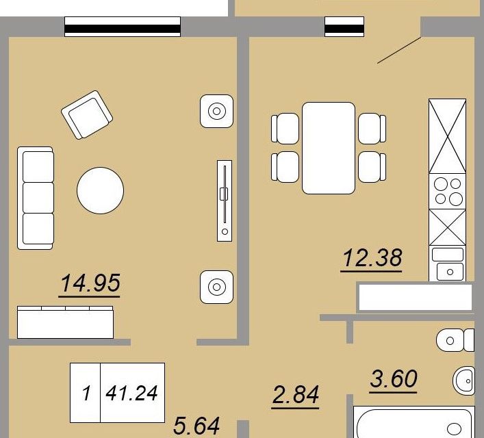 Продаётся 1-комнатная квартира, 41.24 м²