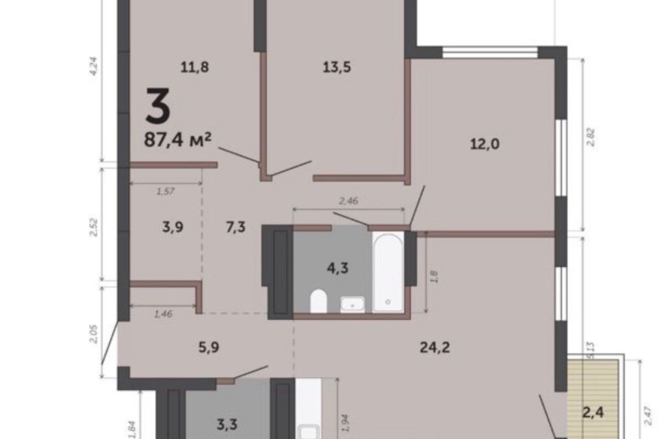 Продаётся 3-комнатная квартира, 87.2 м²