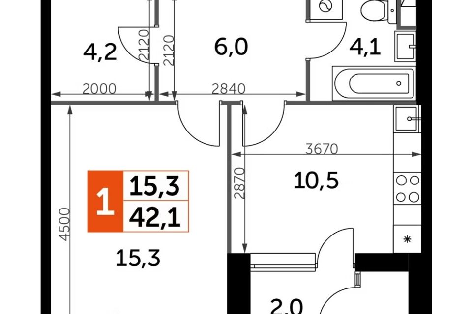 Продаётся 1-комнатная квартира, 42.1 м²