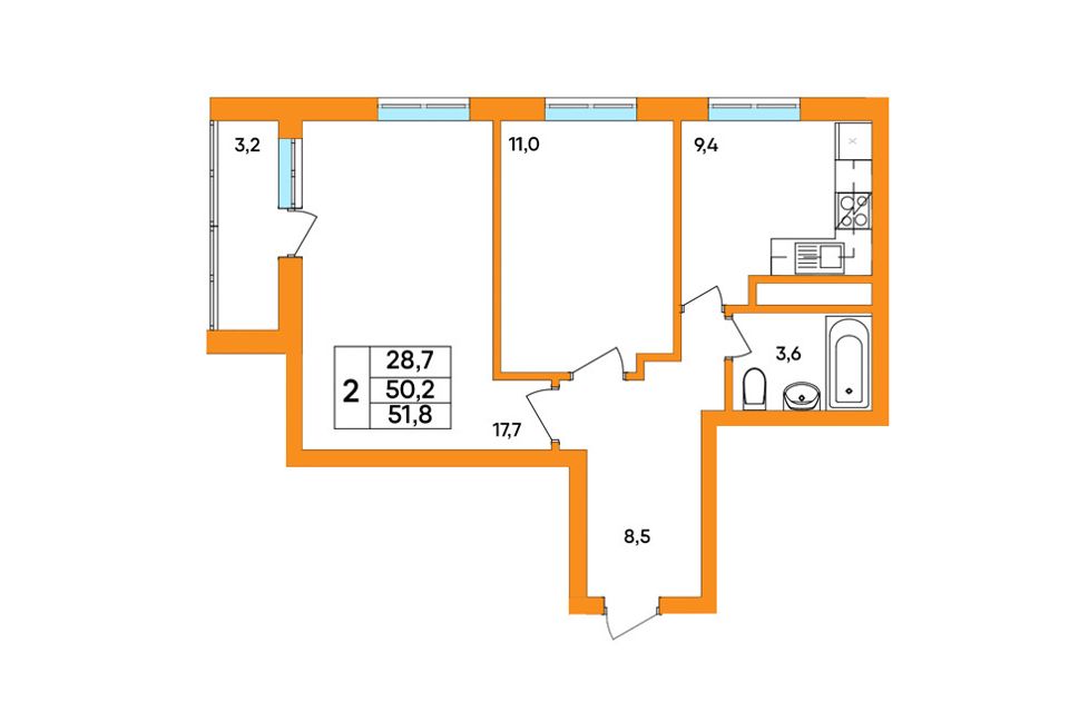 Продаётся 2-комнатная квартира, 51.9 м²