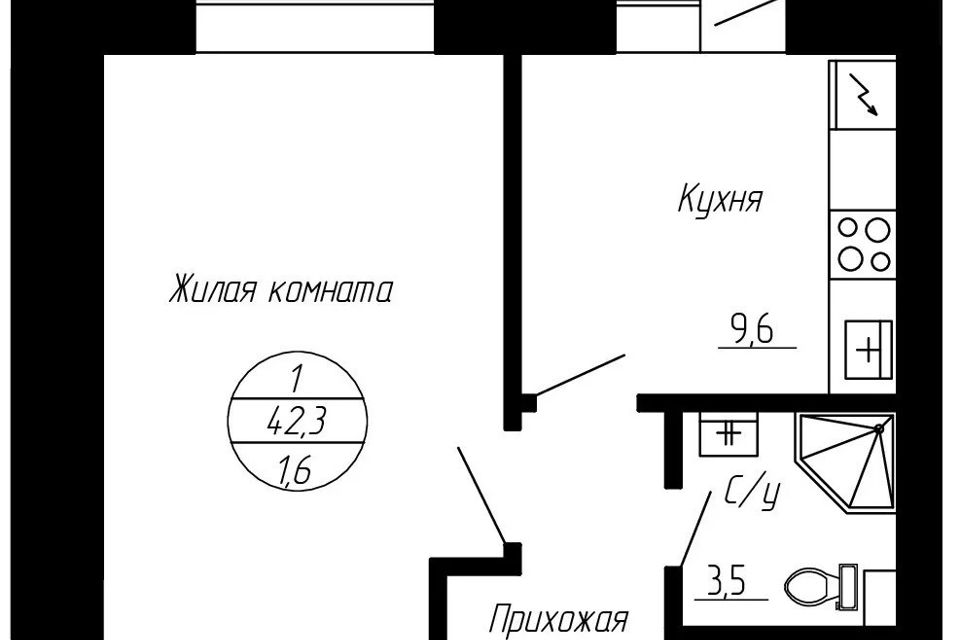 Продаётся 1-комнатная квартира, 42.3 м²