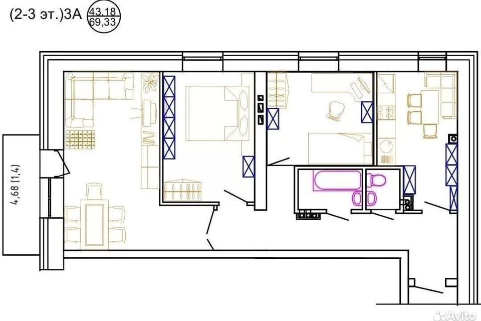 Продаётся 3-комнатная квартира, 69.33 м²