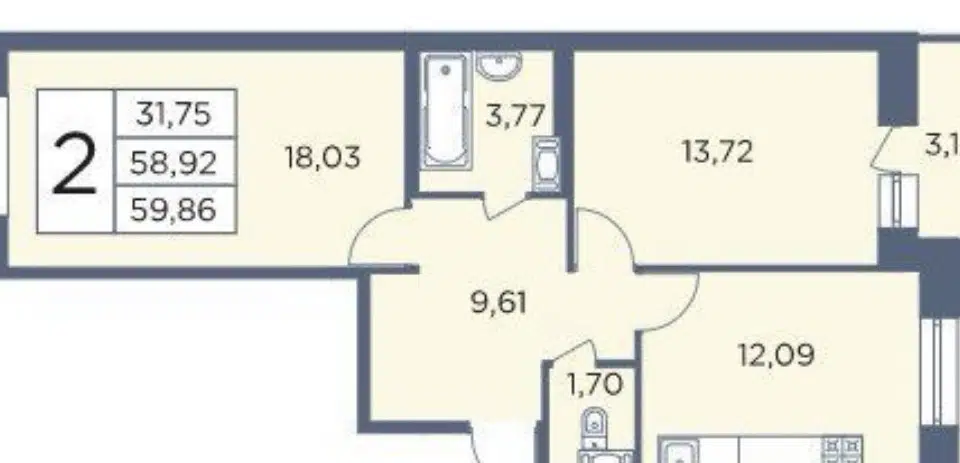 Продаётся 2-комнатная квартира, 58.9 м²