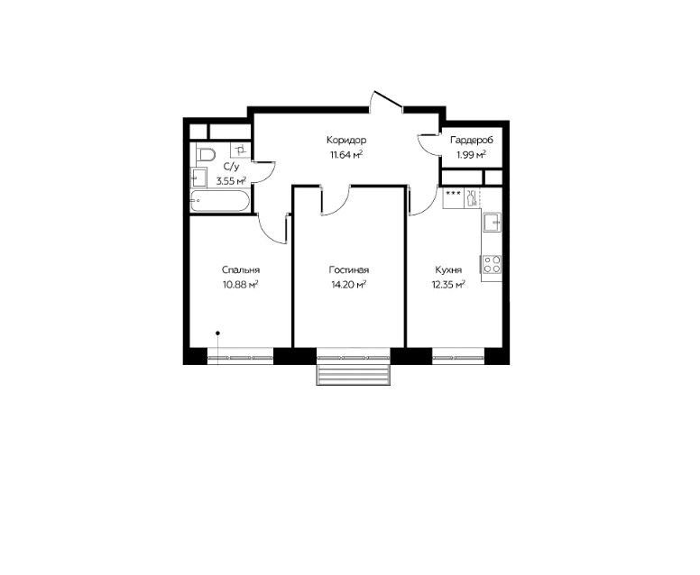 Продаётся 2-комнатная квартира, 54.61 м²