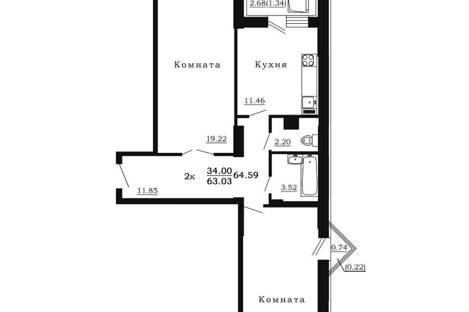 Продаётся 2-комнатная квартира, 65 м²