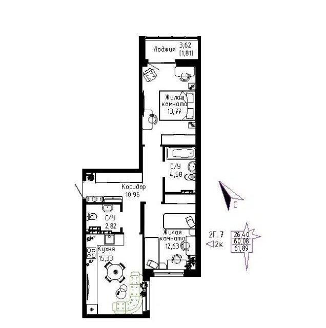 Продаётся 2-комнатная квартира, 61.9 м²