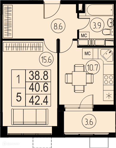 Продаётся 1-комнатная квартира, 40.6 м²
