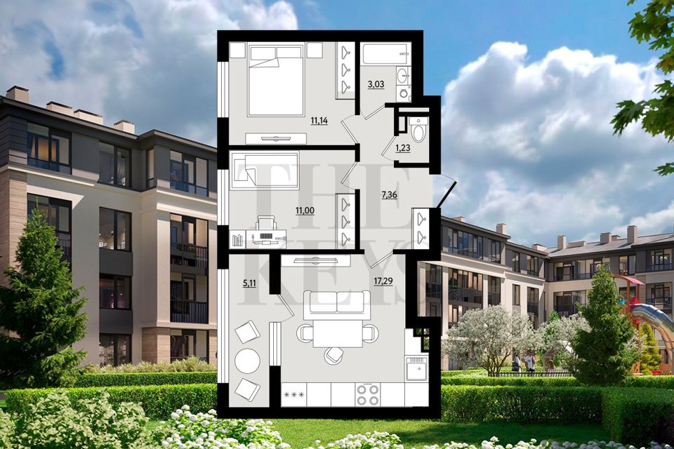 Продаётся 2-комнатная квартира, 53.61 м²