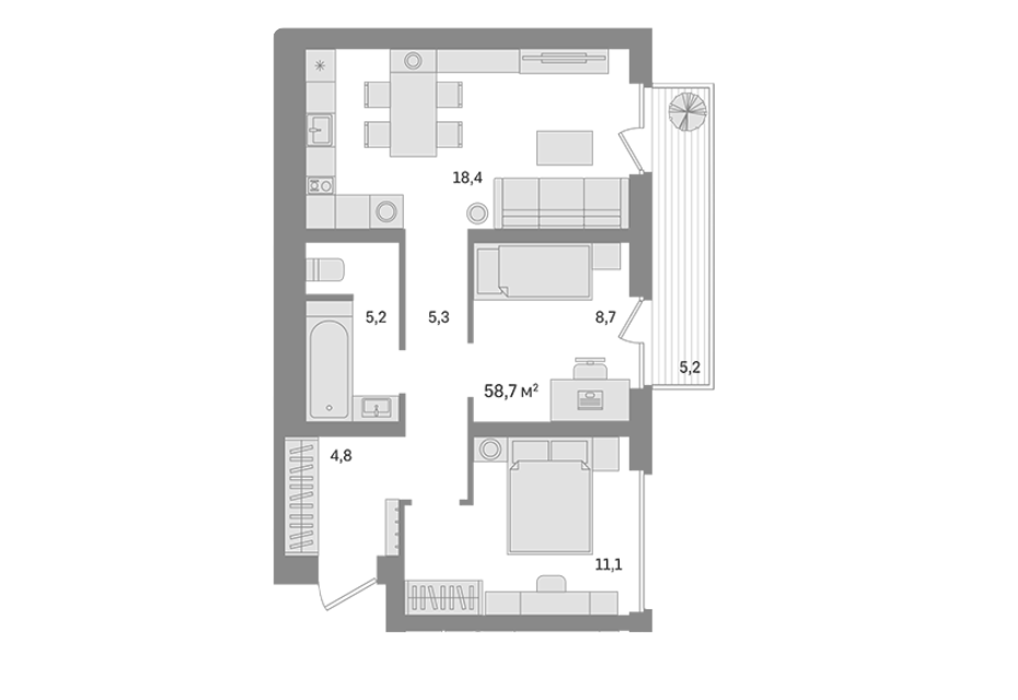 Продаётся 2-комнатная квартира, 58.7 м²