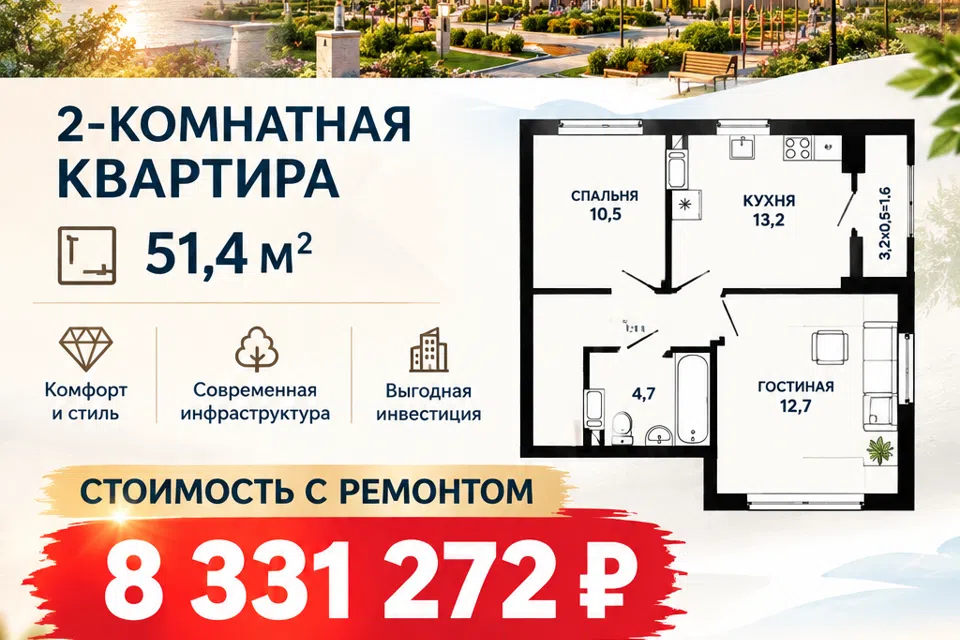 Продаётся 2-комнатная квартира, 51.4 м²