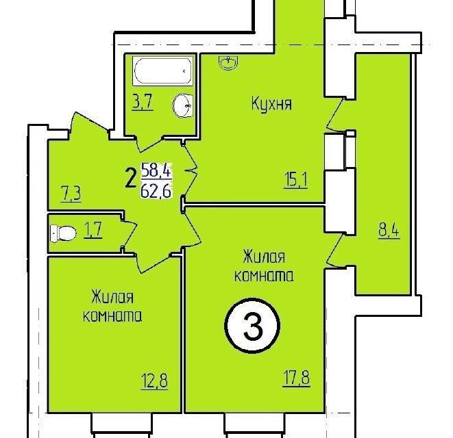 Продаётся 2-комнатная квартира, 63 м²