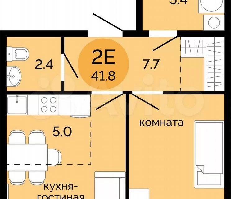 Продаётся 2-комнатная квартира, 41.8 м²