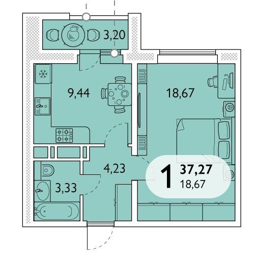 Продаётся 1-комнатная квартира, 37.27 м²