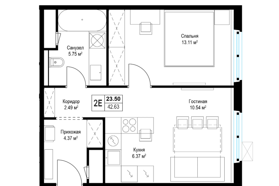Продаётся 1-комнатная квартира, 42.6 м²