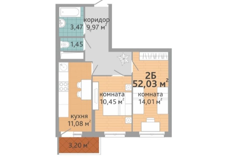 Продаётся 2-комнатная квартира, 52 м²