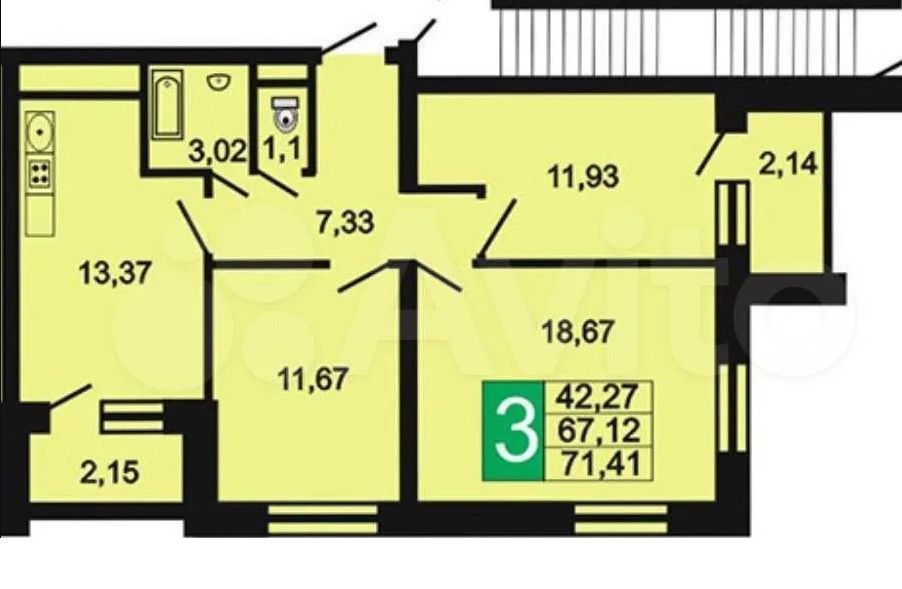 Продаётся 3-комнатная квартира, 67.12 м²