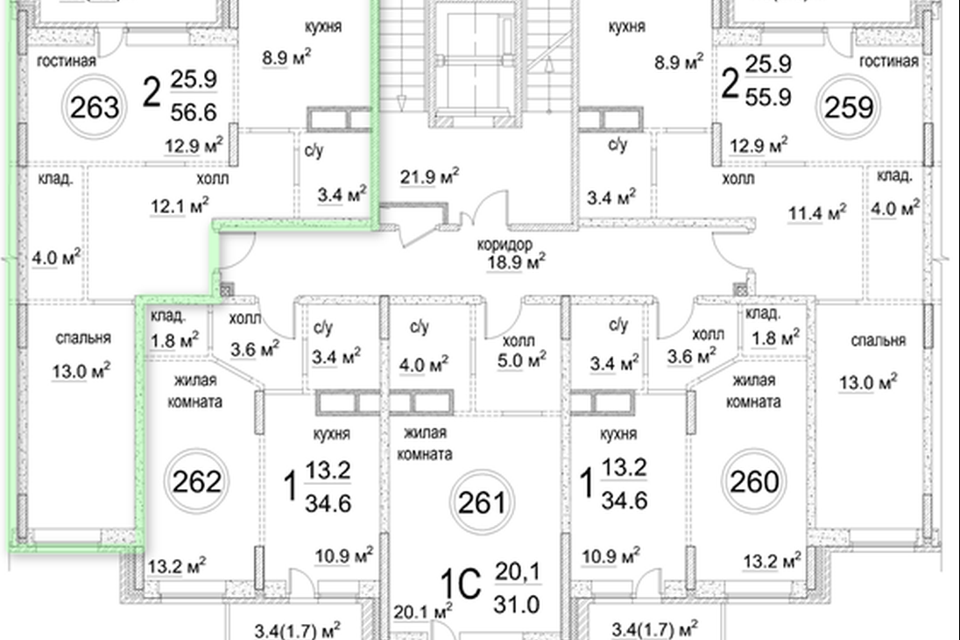 Продаётся 2-комнатная квартира, 56.6 м²