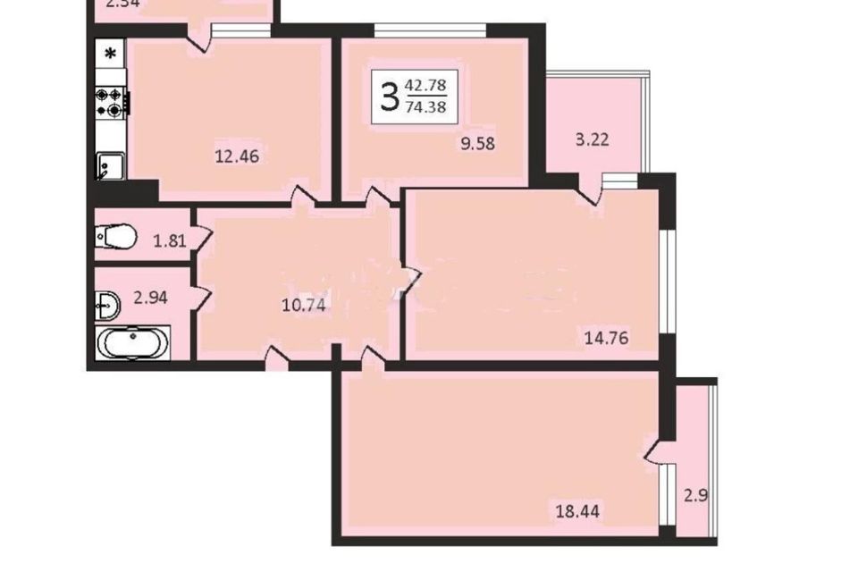 Продаётся 3-комнатная квартира, 70.8 м²