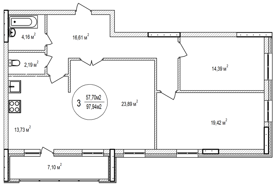 Продаётся 3-комнатная квартира, 97.94 м²