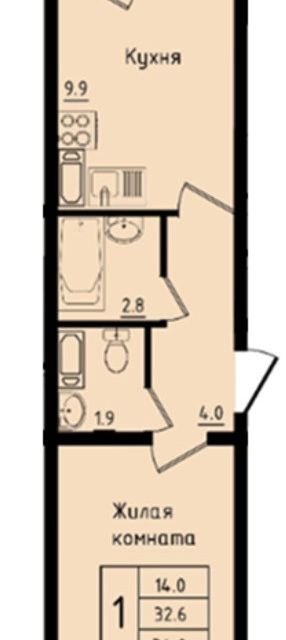 Продаётся 1-комнатная квартира, 32.6 м²