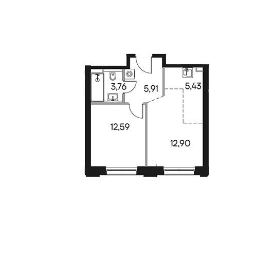 Продаётся 1-комнатная квартира, 40.59 м²