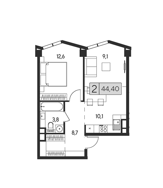 Продаётся 1-комнатная квартира, 44.4 м²