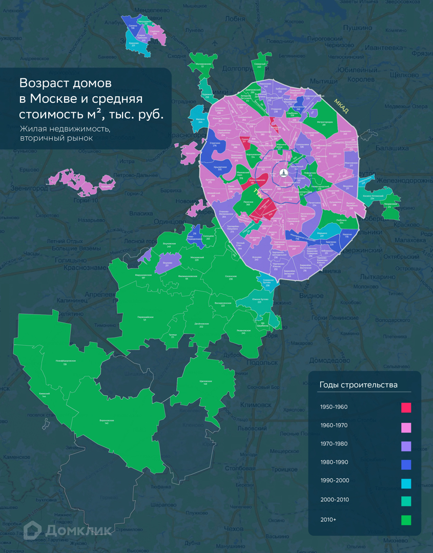 Карта районов Москвы вместе с Новой Москвой, показывающая наиболее востребованную возрастную группу многоквартирных домов и соответствующую этой группе медианную стоимость м