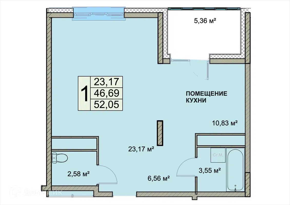 Купить 1-комнатную квартиру, 52.05 м² в ЖК Чернопрудная-2 по адресу  Ярославль, Чернопрудная улица, 2, недорого – Домклик