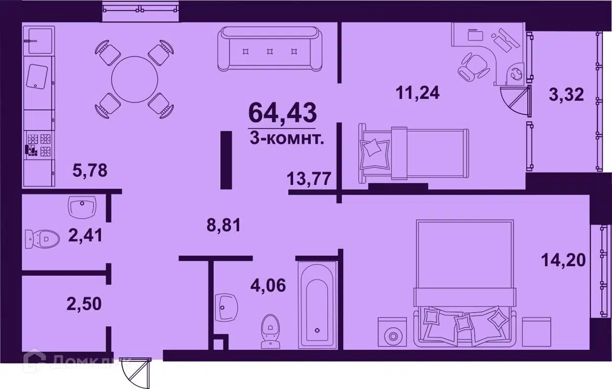 Купить 3-комнатную квартиру, 64.43 м² в ЖК Сиреневый по адресу Ульяновск,  микрорайон Верхняя Терраса, жилой комплекс Сиреневый, недорого – Домклик