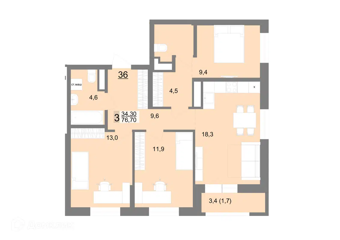 Купить 3-комнатную квартиру, 76.7 м² в ЖК Новый ВИЗ по адресу Свердловская  область, Екатеринбург, улица Металлургов, 63, недорого – Домклик