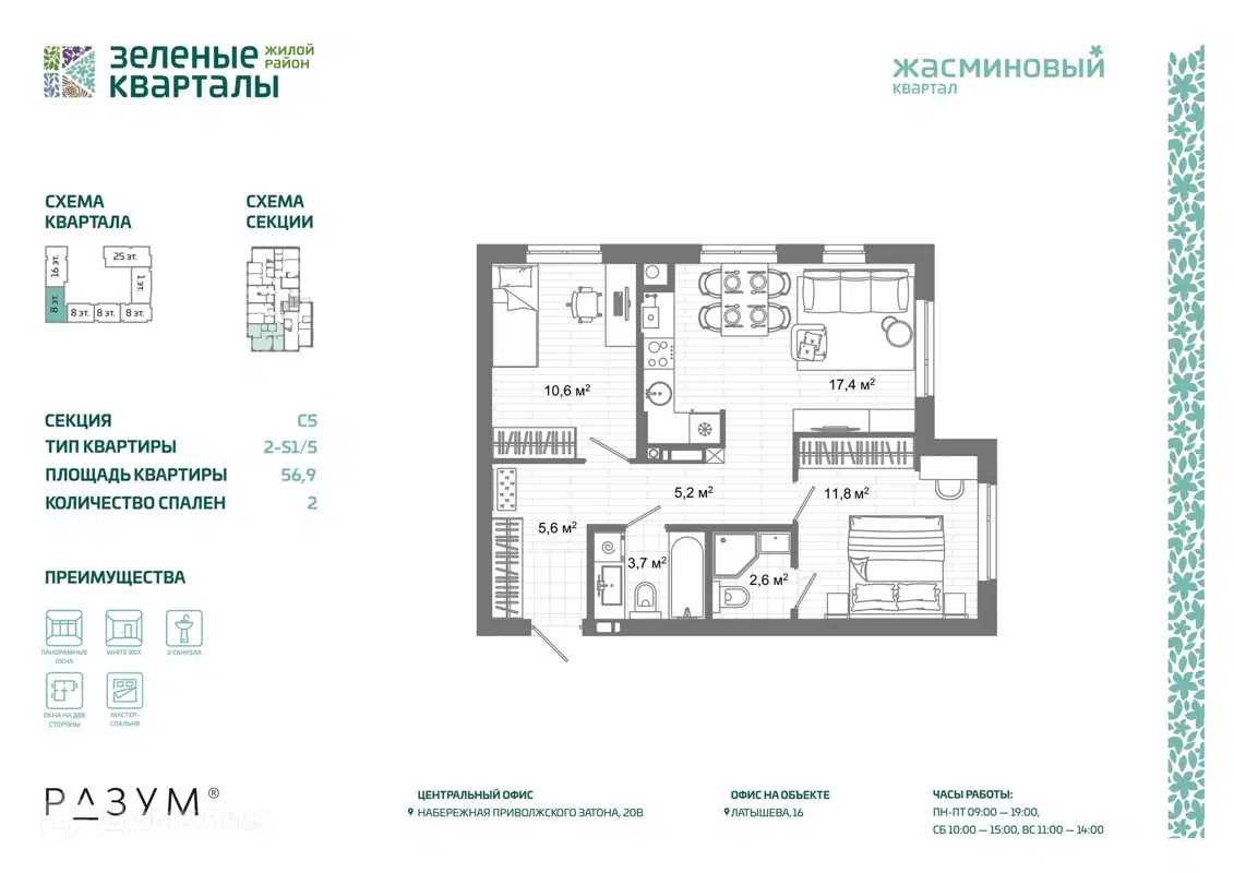 Купить 2-комнатную квартиру, 56.9 м² в ЖК Жилой район Зеленые кварталы по  адресу Астрахань, улица Латышева, недорого – Домклик