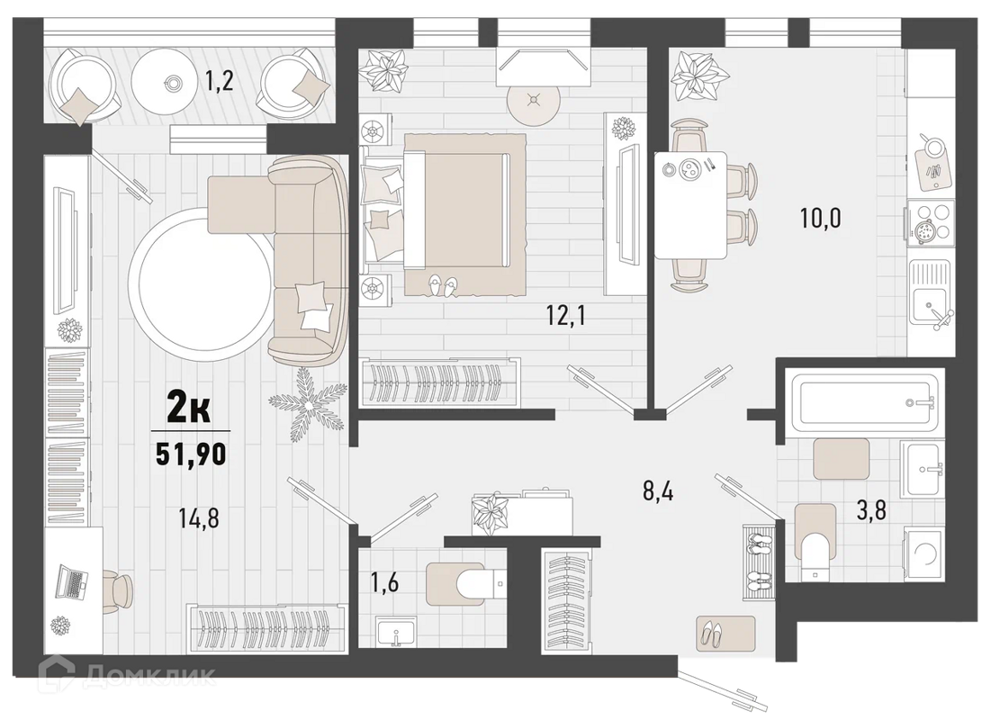 Купить 2-комнатную квартиру, 51.9 м² в ЖК Барса по адресу Краснодарский  край, Новороссийск, жилой комплекс Барса, недорого – Домклик