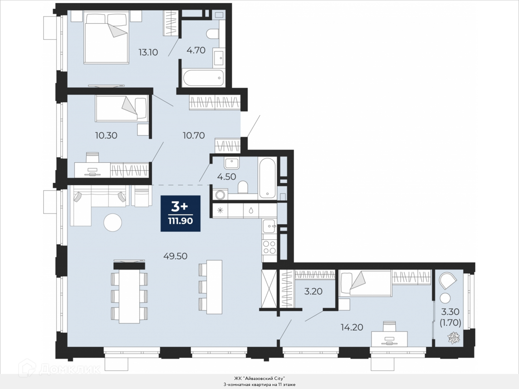 Купить 3-комнатную квартиру, 111.9 м² в ЖК Айвазовский по адресу Тюмень,  улица Пожарных и Спасателей, 5к2, недорого – Домклик