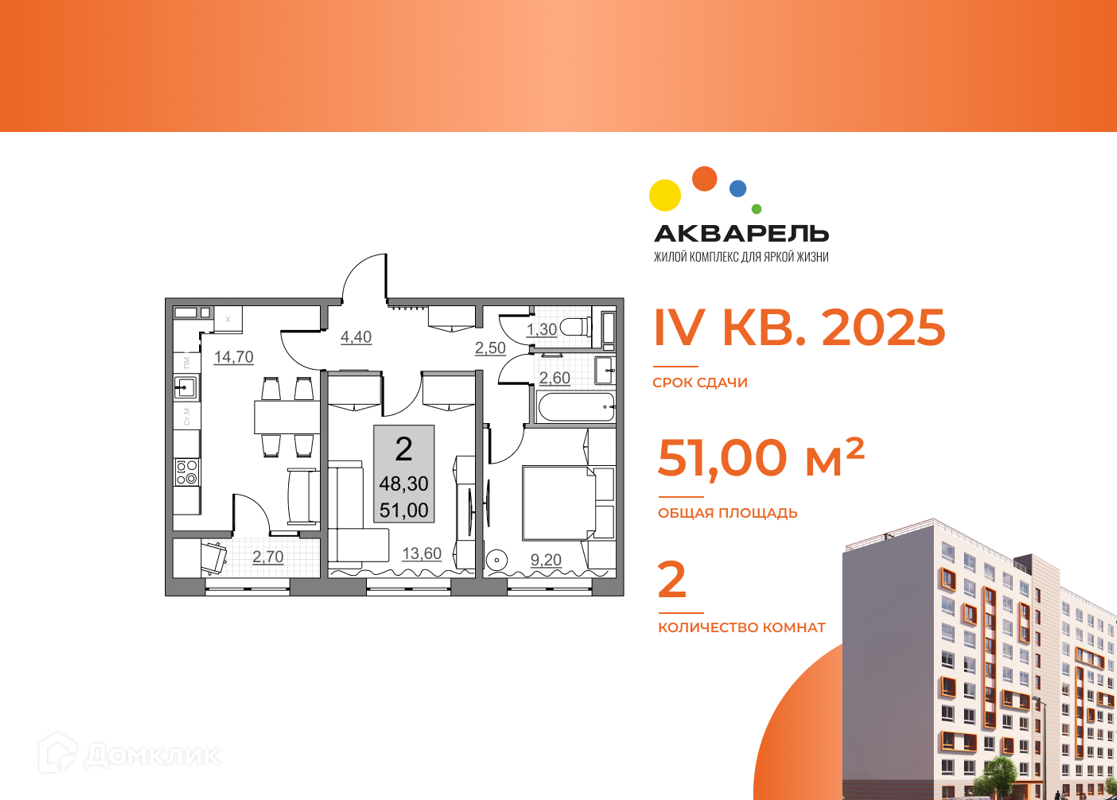 Купить 2-комнатную квартиру, 48.3 м² в ЖК Акварель по адресу Саратовская  область, Балаково, Волжская улица, 10, недорого – Домклик