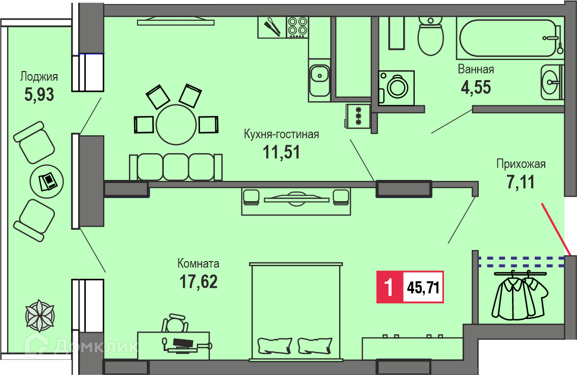 Купить 1-комнатную квартиру, 45.71 м² в ЖК ДОМ «ДИАДЕМА» по адресу Тверь,  Оснабрюкская улица, 25, недорого – Домклик