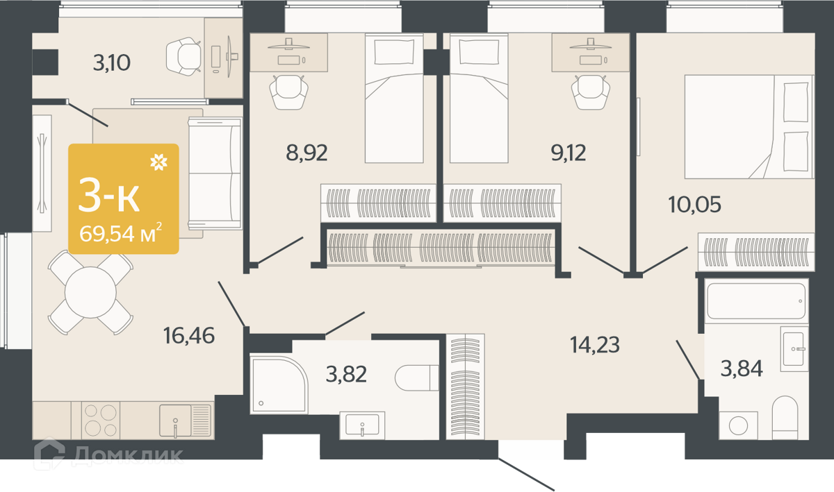 Купить 3-комнатную квартиру, 69.54 м² в ЖК Микрорайон Zori (Зори) по адресу  Свердловская область, Берёзовский городской округ, микрорайон Зори,  недорого – Домклик