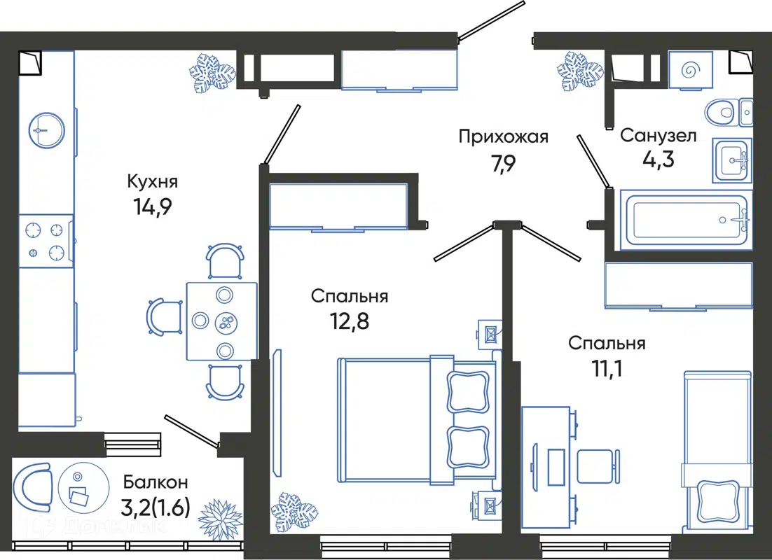 Купить 2-комнатную квартиру, 52.6 м² в ЖК ОБЛАКА по адресу Краснодарский  край, Новороссийск, улица Куникова, 55к1, недорого – Домклик