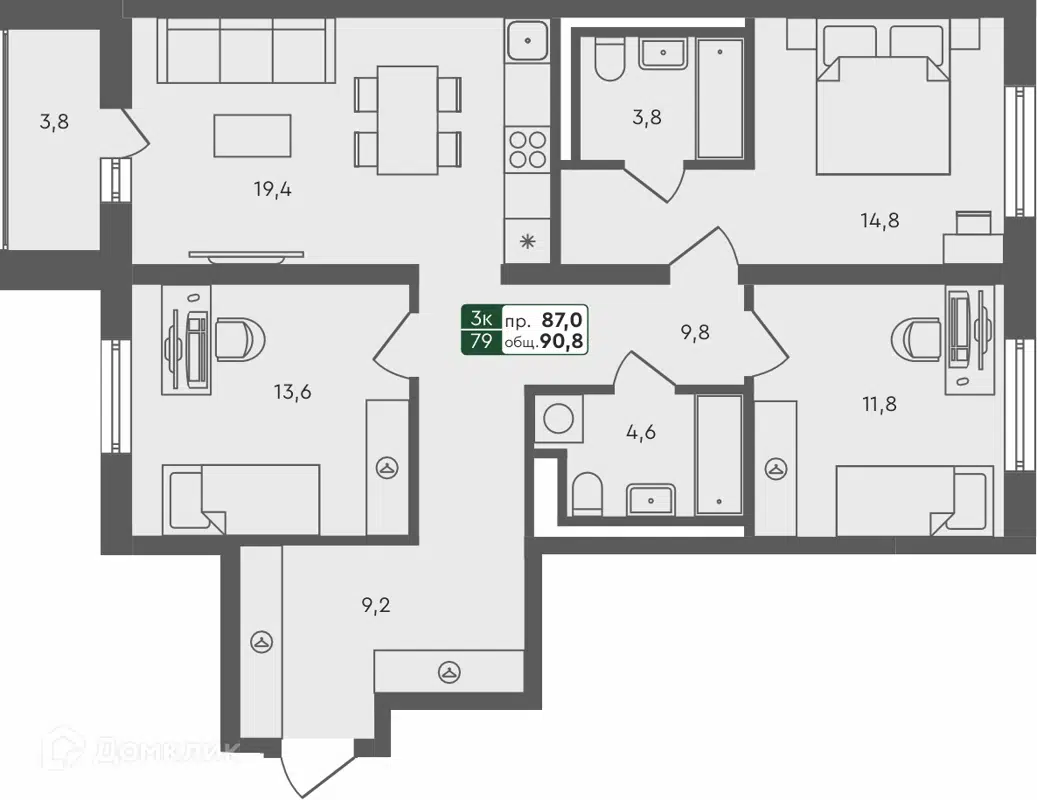 Купить 3-комнатную квартиру, 90.8 м² в ЖК Пушкино по адресу Омский район,  Пушкинское сельское поселение, жилой комплекс Пушкино, недорого – Домклик