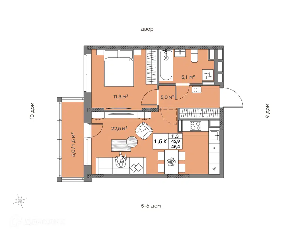 Купить 1-комнатную квартиру, 45.4 м² в ЖК Притяжение по адресу Республика  Татарстан, Набережные Челны, Комсомольский район, недорого – Домклик