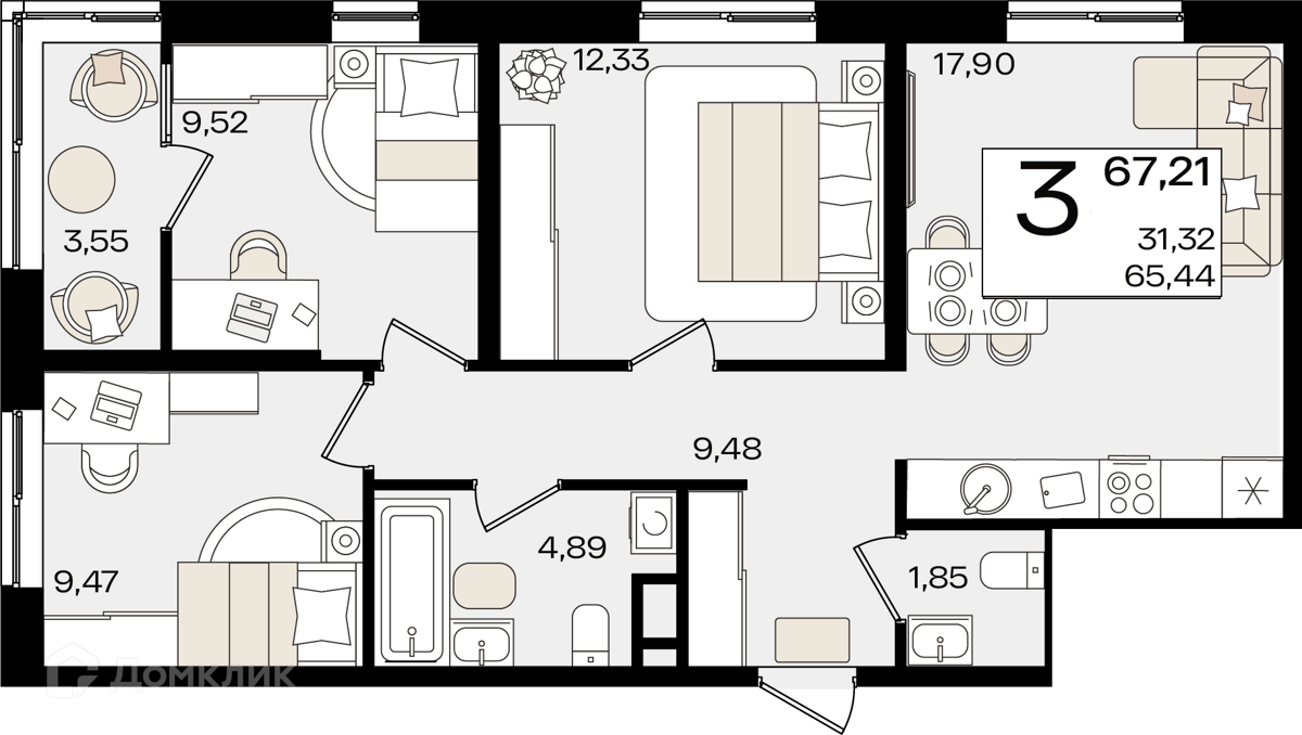 Купить 3-комнатную квартиру, 67.21 м² в ЖК Патрики по адресу Краснодар,  Старокубанская улица, недорого – Домклик