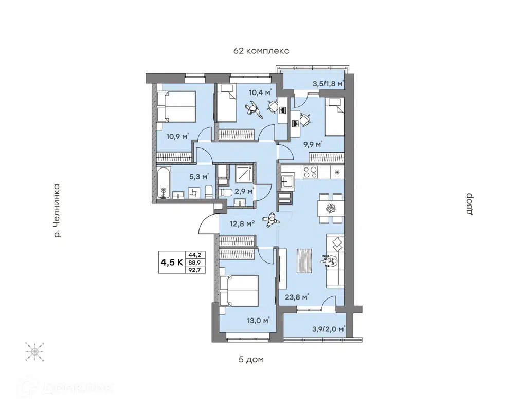 Купить 4-комнатную квартиру, 92.7 м² в ЖК Притяжение по адресу Республика  Татарстан, Набережные Челны, Комсомольский район, недорого – Домклик