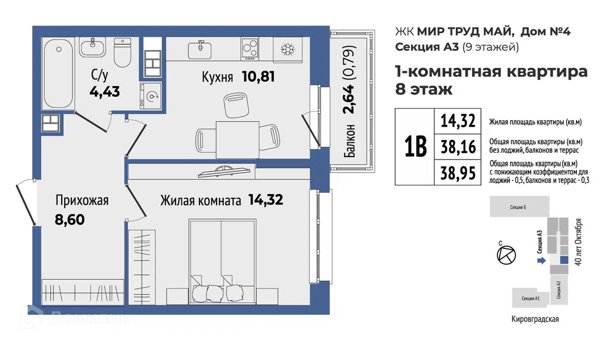 Купить 1-комнатную квартиру, 38.95 м² в ЖК Мир Труд Май по адресу  Свердловская область, Екатеринбург, улица Калинина, 55, метро , недорого –  Домклик