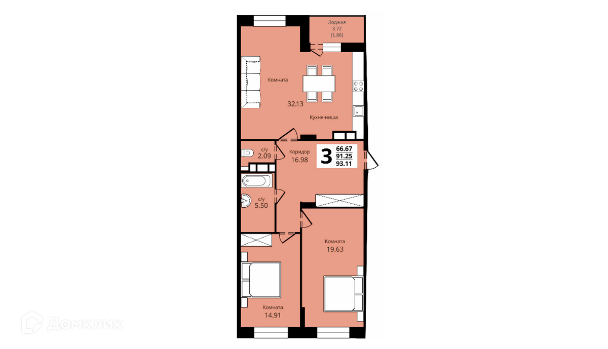 Купить 3-комнатную квартиру, 93.11 м² в ЖК Факел по адресу Владимир,  проспект Строителей, 7А, недорого – Домклик