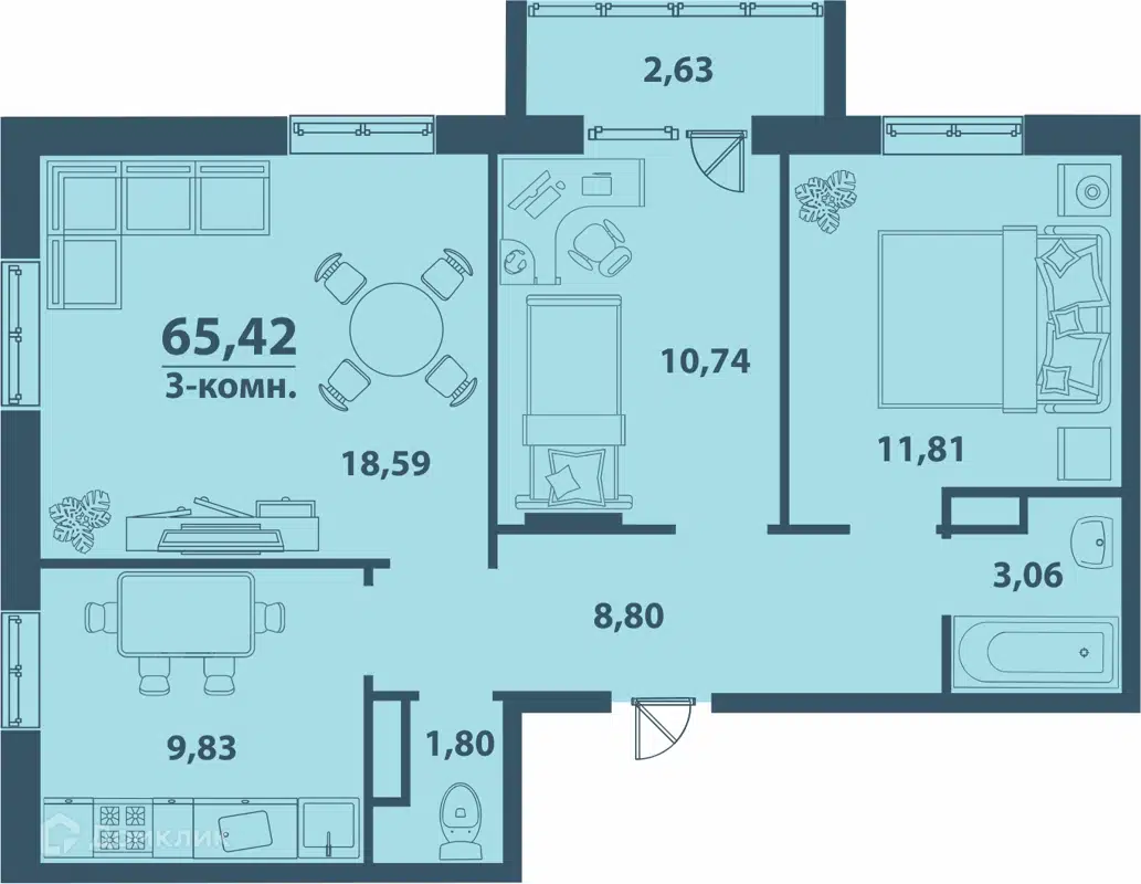 Купить 3-комнатную квартиру, 65.42 м² в ЖК Заря по адресу Ульяновск,  микрорайон Киндяковка, жилой комплекс Заря, недорого – Домклик