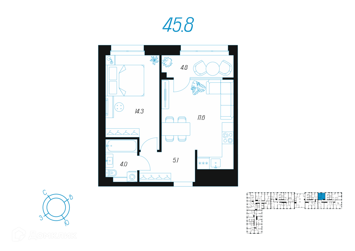 Купить 1-комнатную квартиру, 45.8 м² в ЖК Михеева Парк по адресу Тула,  жилой комплекс Михеева Парк, недорого – Домклик