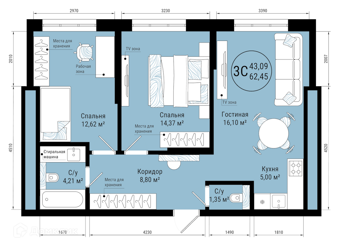 Купить 3-комнатную квартиру, 62.45 м² в ЖК VETER (Ветер) по адресу  Республика Башкортостан, Уфа, улица Лётчиков, 2/10, недорого – Домклик