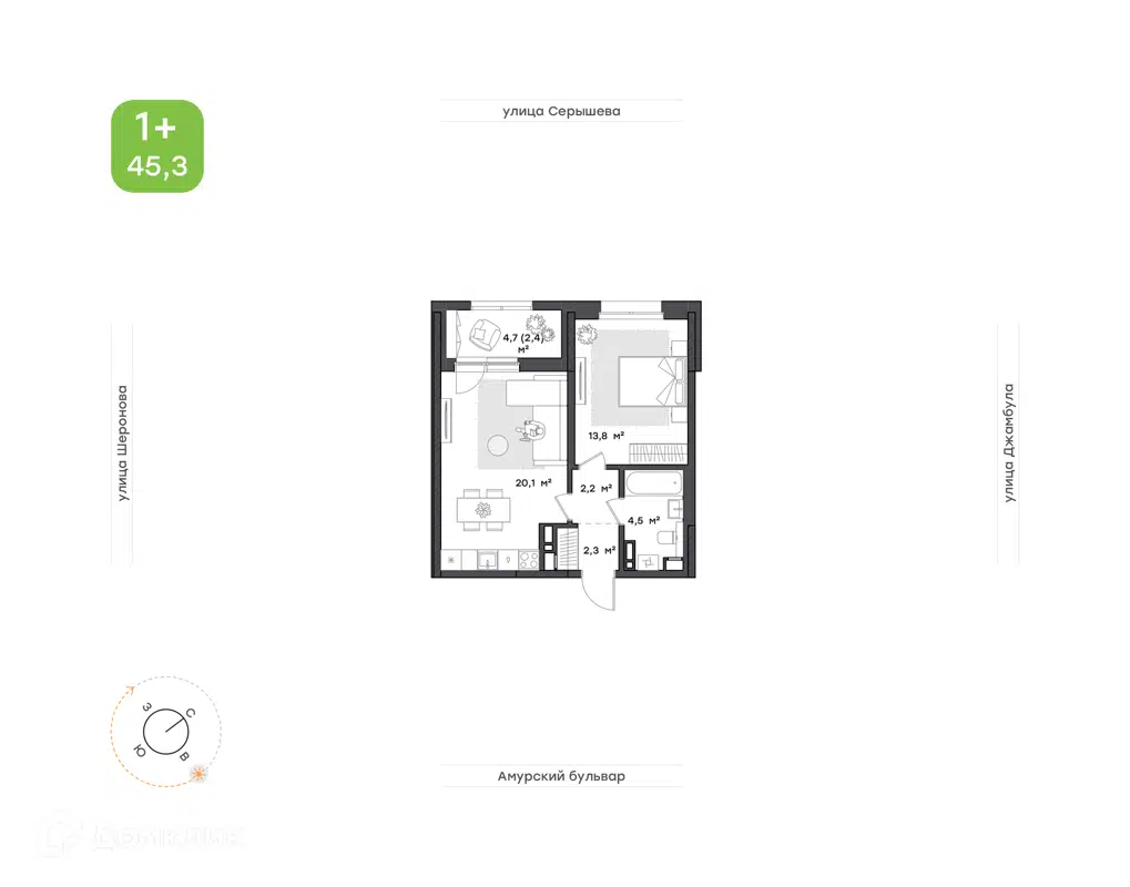 Купить 1-комнатную квартиру, 45.3 м² в ЖК Амурский квартал по адресу  Хабаровск, улица Джамбула, недорого – Домклик