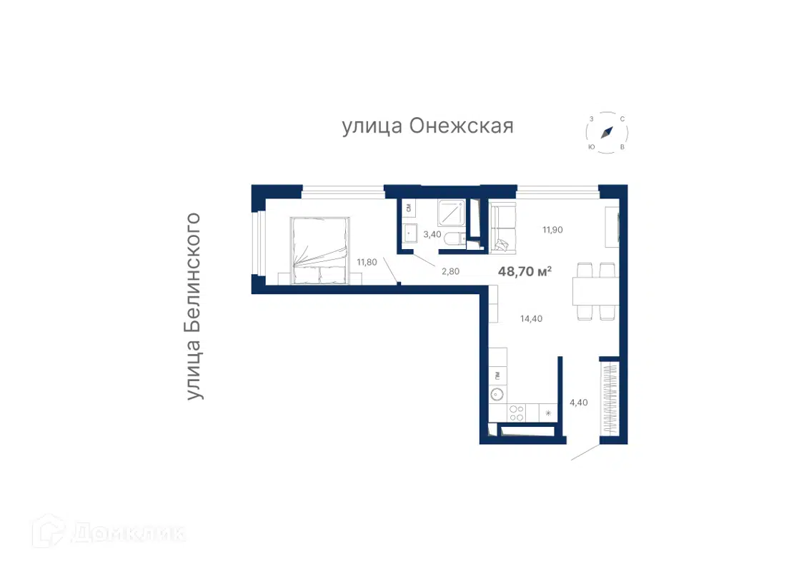 Купить 1-комнатную квартиру, 48.9 м² в ЖК 4 YOU (4 Ю) по адресу  Свердловская область, Екатеринбург, Онежская улица, 4, метро недорого –  Домклик