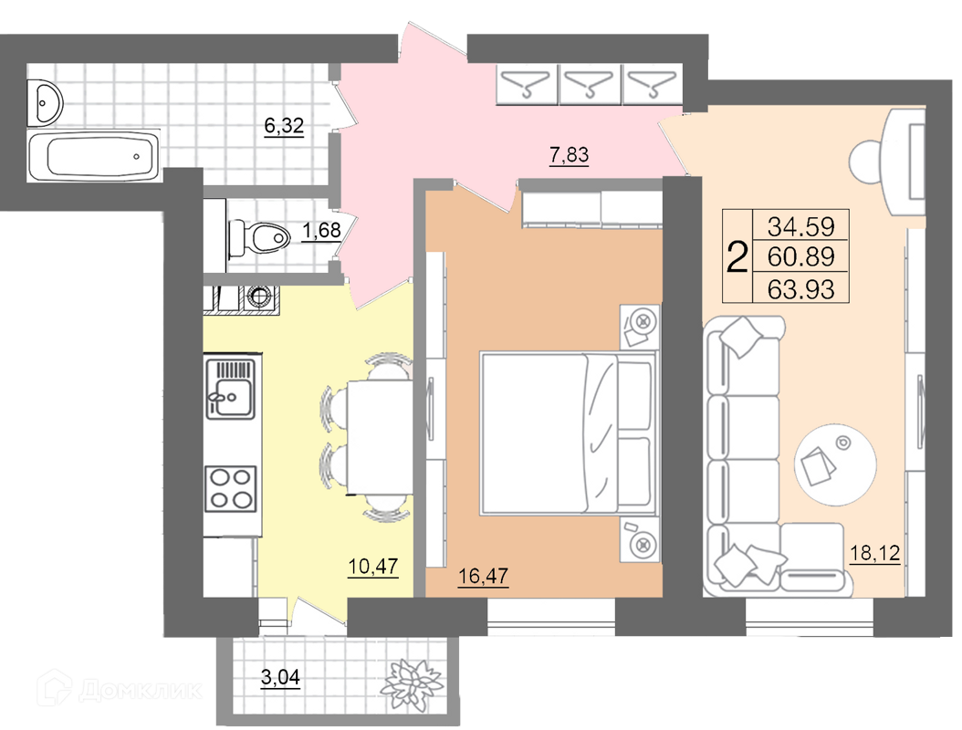 Купить 2-комнатную квартиру, 63.93 м² в ЖК Европейский по адресу Смоленск,  1-й Краснофлотский переулок, 15, недорого – Домклик